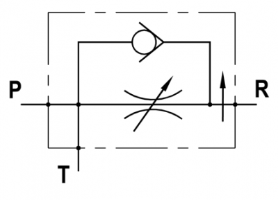 In line three way pressure compensated flow regulator, free reverse flow, with exceeding flow to tank