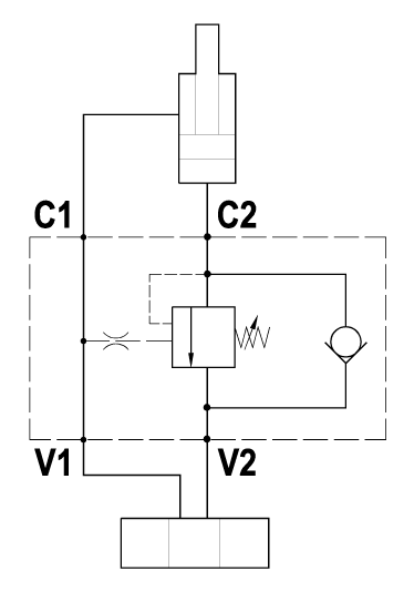 Single overcenter valve, line mounted, internal pilot