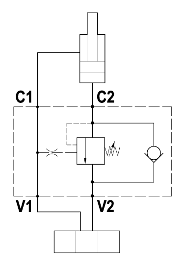 Single overcenter valve, line mounted, internal pilot