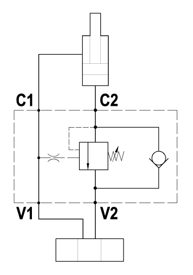 Valvola overcenter singola, montaggio in linea, pilotaggio interno