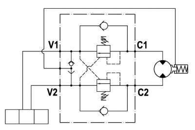 Dual overcenter valve, line mounted, with brake release port