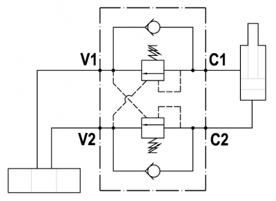 Dual overcenter valve, gasket mounted, aluminium body