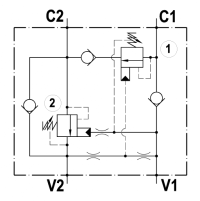 Dual overcenter valve, line mounted, for regenerative circuits