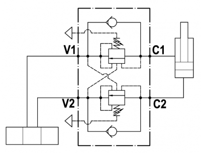 Partially balanced dual overcenter valve, line mounted